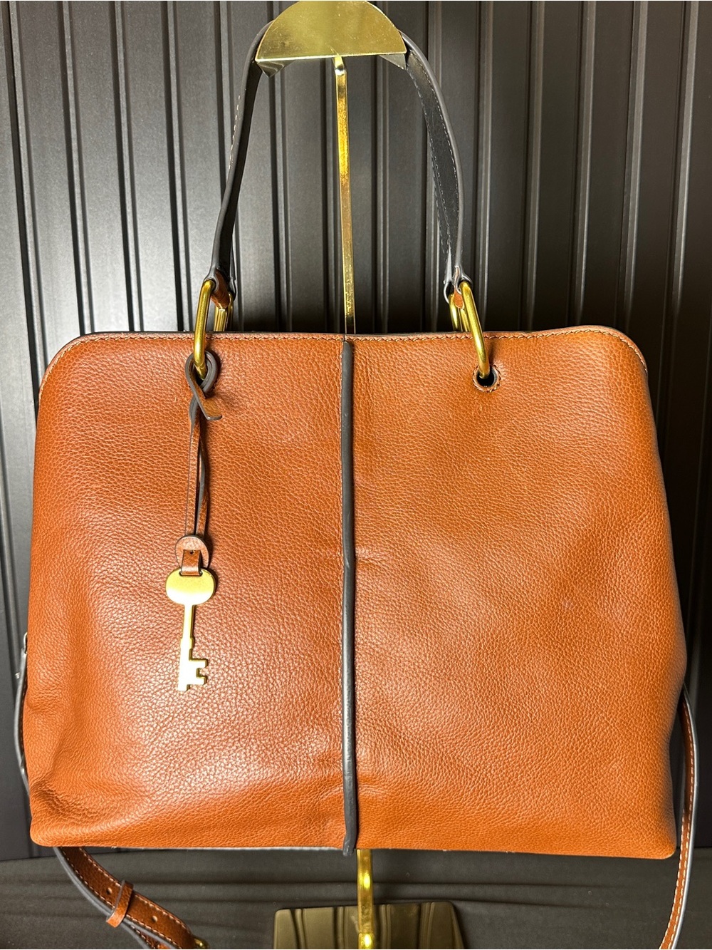 Fossil Lane Satchel Cognac Brown Leather with Gold Accent
